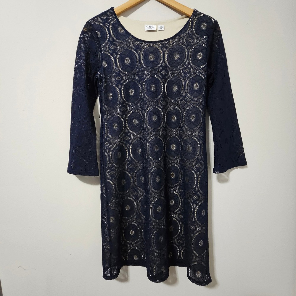 Cato Girls Navy Blue Lace Medallion Dress XL 16 Long Sleeve Lined Shift 31922396